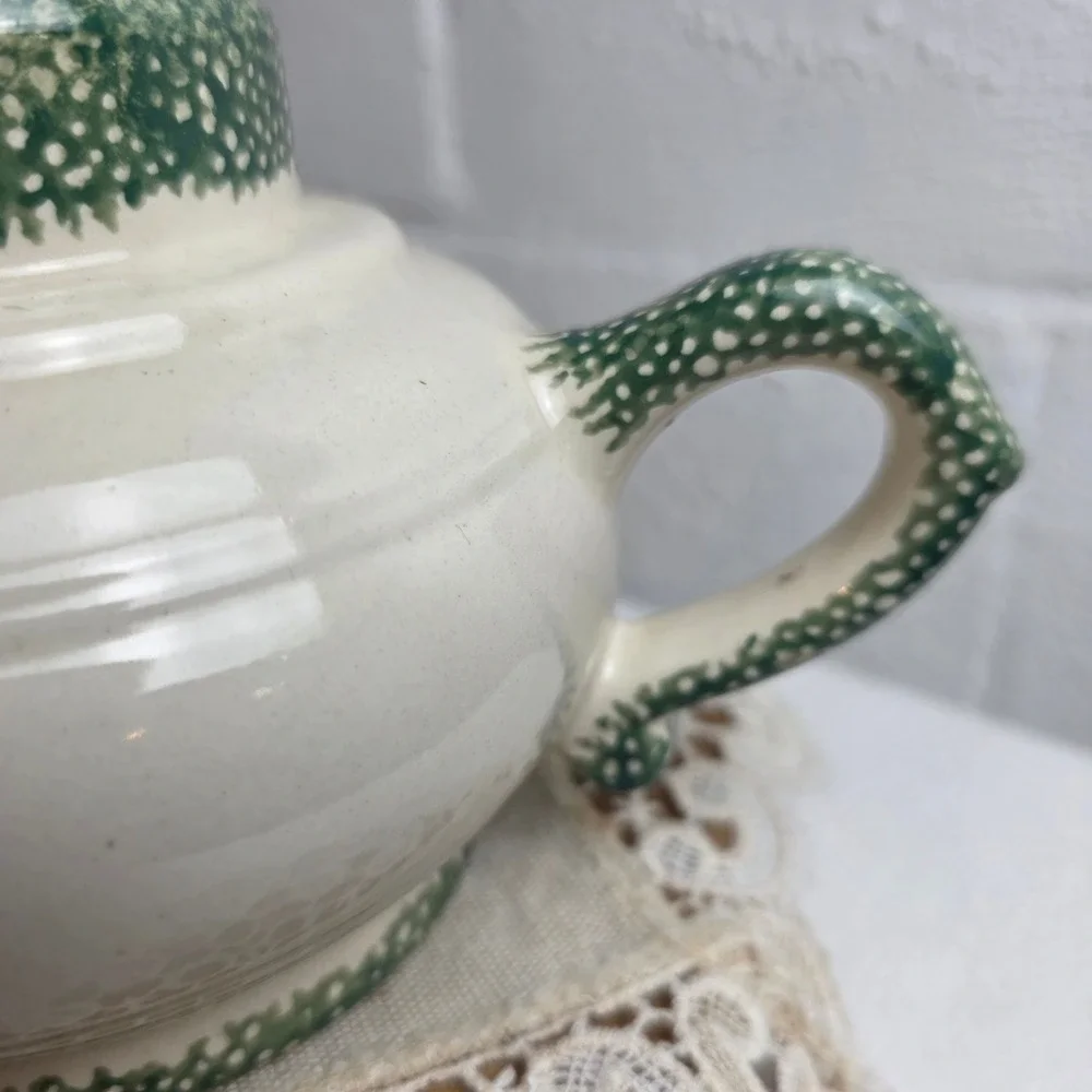 Vintage Ceramic Apple Candle Holder Double Handle Farmhouse Speckled Cream Green